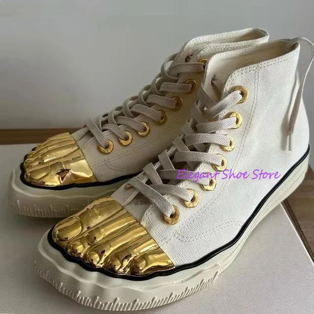 Gold Five Fingers High Top Canvas Shoes Trendy Lace-Up Flat