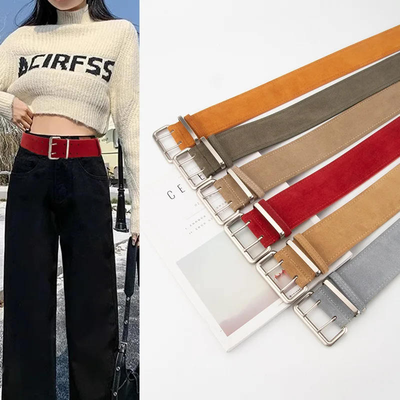 Doppel-pin Schnalle Wildleder Echt Leder Taille Gürtel Vintage Frühling Herbst Kleid Korsett Wildleder NUBUCK Ceinture Pour Femme Luxe gürtel