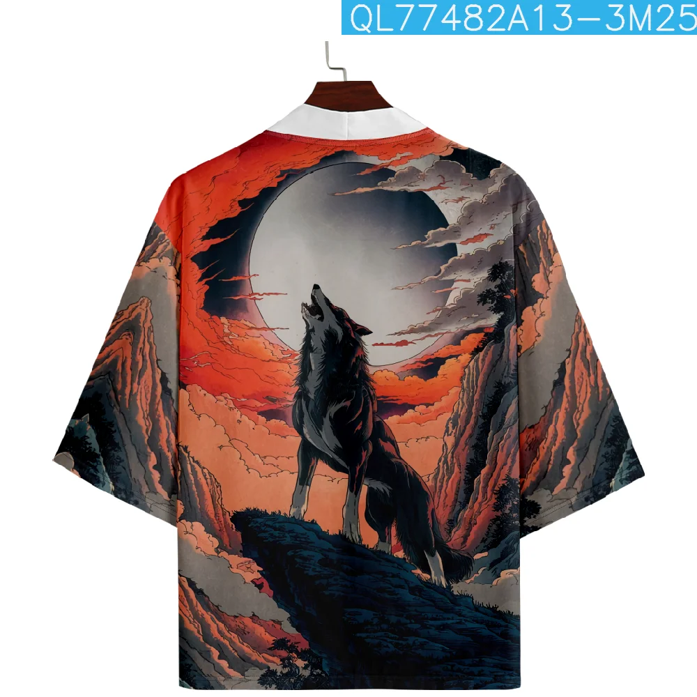 Oversized Wolf Print Fashion Japanese Cosplay Kimono Cardigan Men Shirts Yukata Haori Traditional Asian Clothing Plus Size