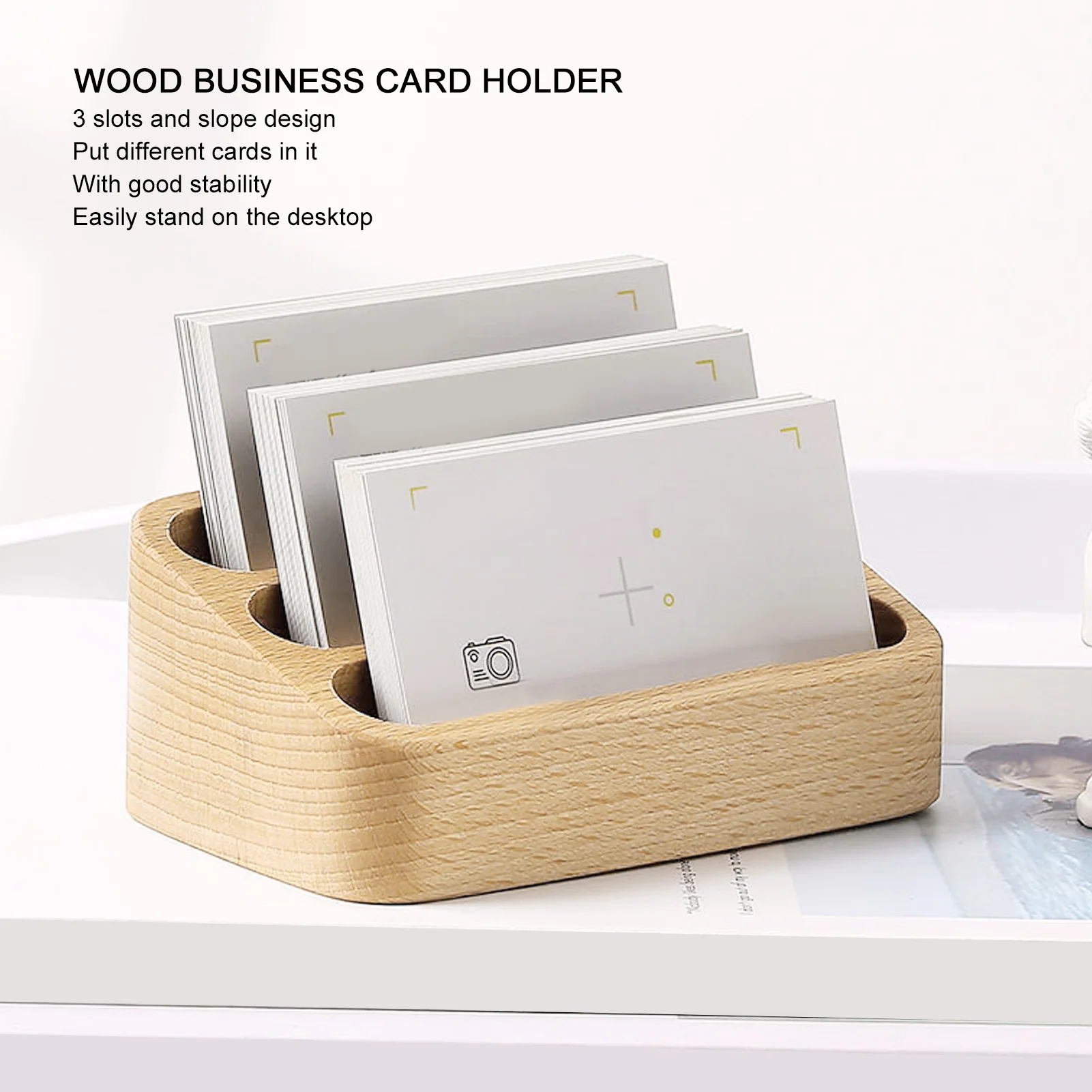 Desktop Business Card Stand Business Card Holder Stand 3 Slots High Stability Wooden Name Card Display Counter For Office Salon