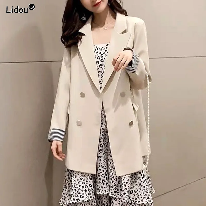 

Business Casual Solid Blazers Loose Patchwork Striped Women's Clothing 2022 Pockets Button Spring Summer Autumn Thin Notched
