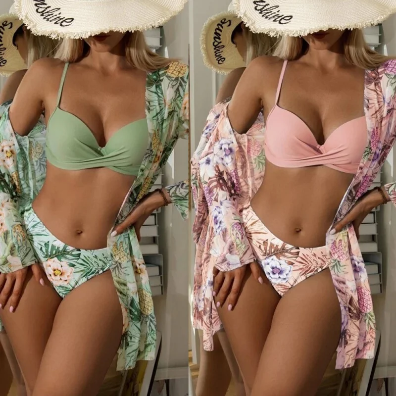 

2022 New Bikini Europe and America Cross Border Swimsuit Three-Piece Mesh Shawl Blouse Split Printed Bikini