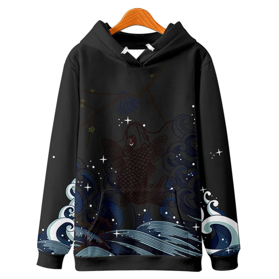 Harajuku Japanese Crane Flowers Print Hoodie Sweatshirt Casual Oversized Hooded Hoodie Hip Hop Pullover Women Men Clothing