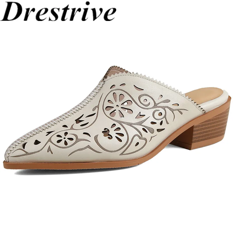 

Drestrive 2024 Fashion Women's Pumps Pointed Toe Thick Mid Heels Cow Leather Mules Hollowing Out Summer Shoe Big Size 43 Slipper