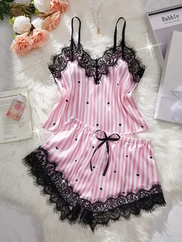 Summer Silk Satin Women's V-Neck Sexy Lace Suspender Pajama Shorts Set Stripes Heart Casual Women's Sleeveless Sexy Pajama Set 1