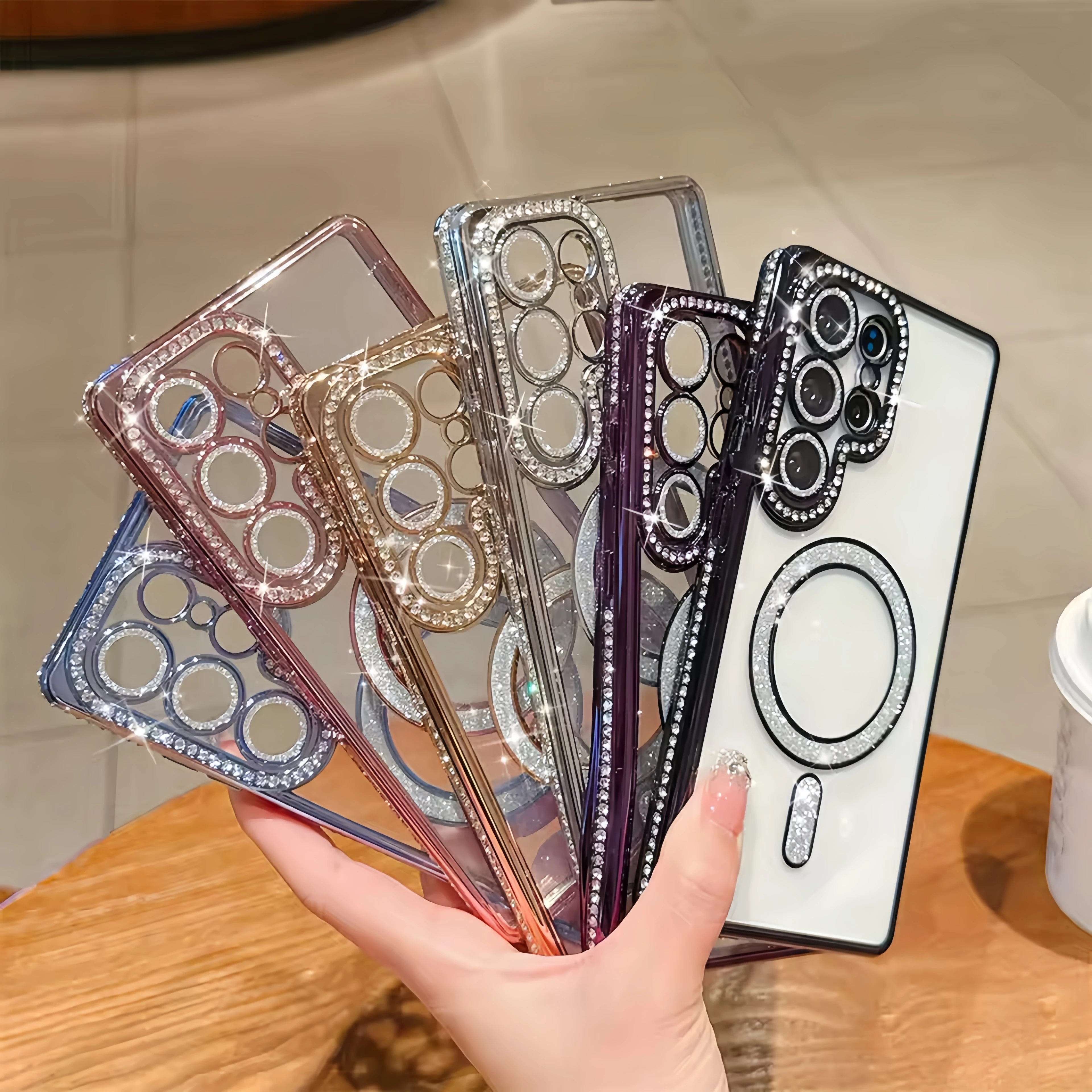 Luxury Glitter Rhinestone Magnetic Transparent Phone Case with Plating Finish