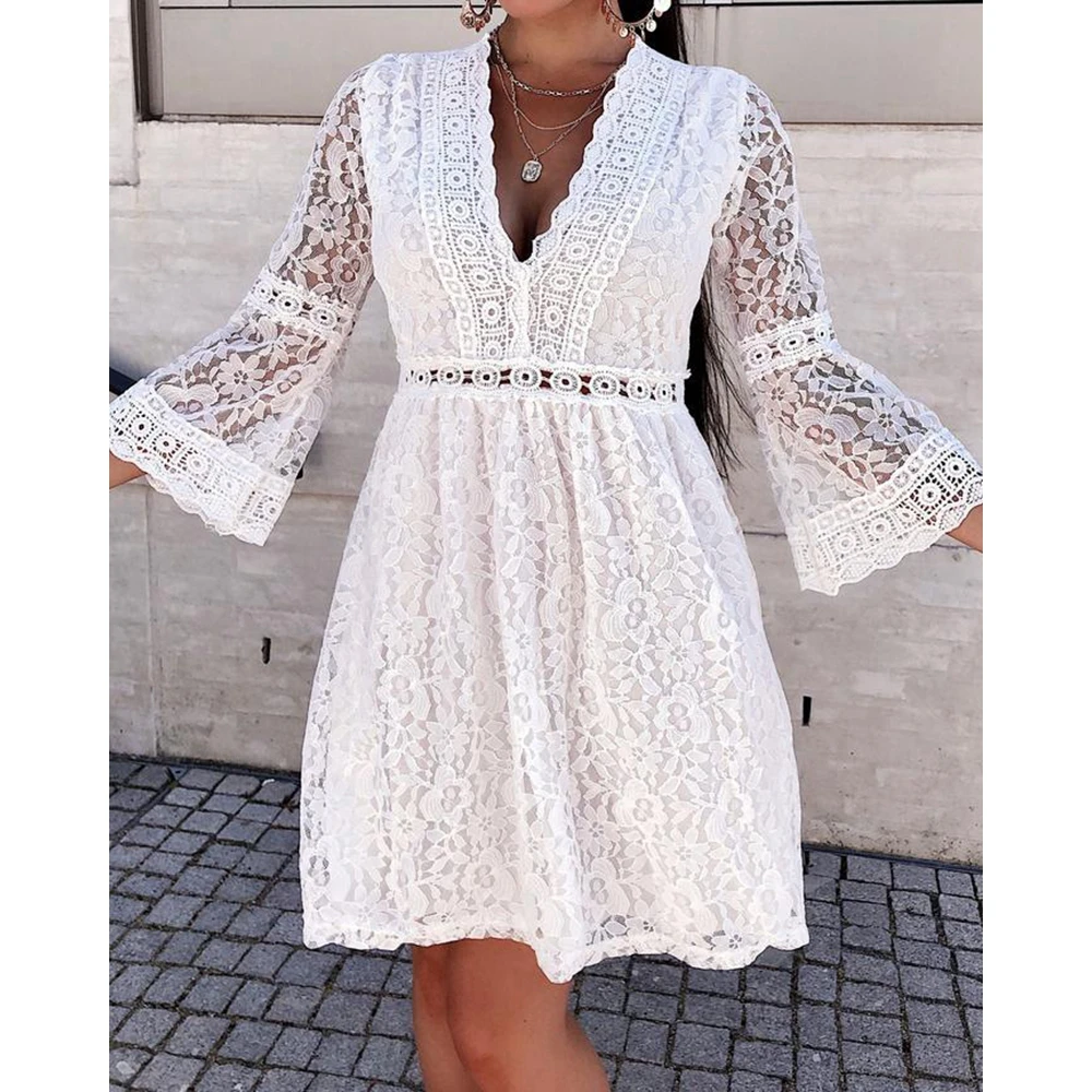 New Fashion Women Sexy Deep V Neck Contrast Lace Mini Dress Elegant Femme Flare Sleeve Loose White Lace Party Dress Clothing