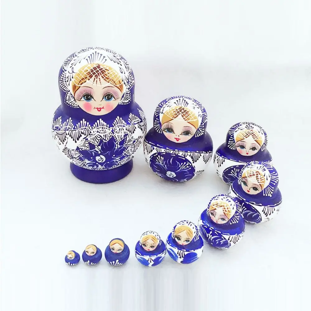 10Pcs/Set Wood Russian Nesting Dolls 10 Layer Handmade Matryoshka Wooden Doll Toys Cartoon Blue Floral Print Stacking Dolls