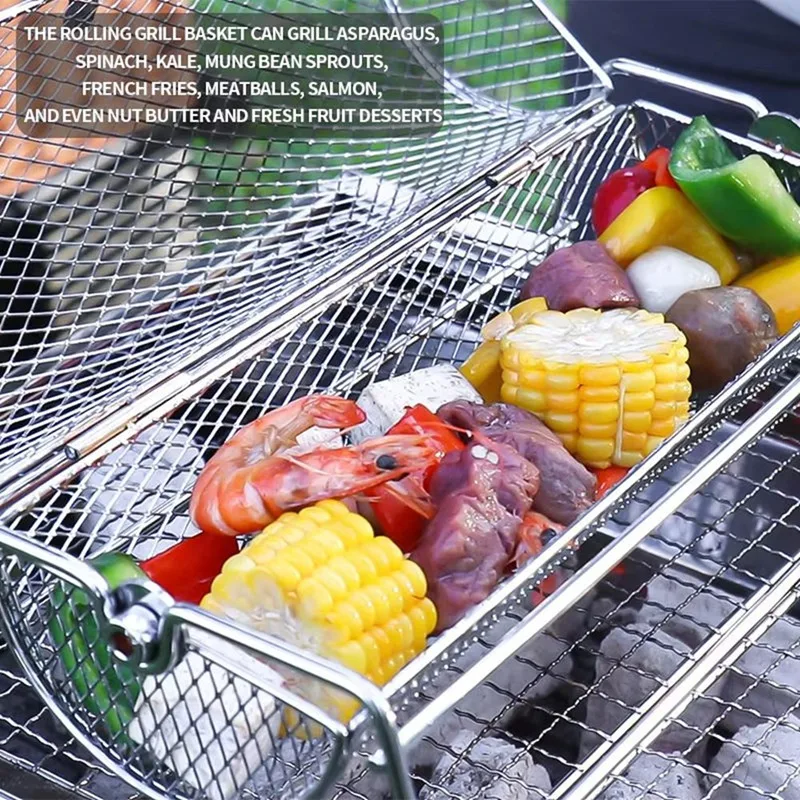 Stainless Steel BBQ Grill Basket Rotisserie Rolling Mesh Cage For Roasting Barbecue Grill Accessory For Even Cooking