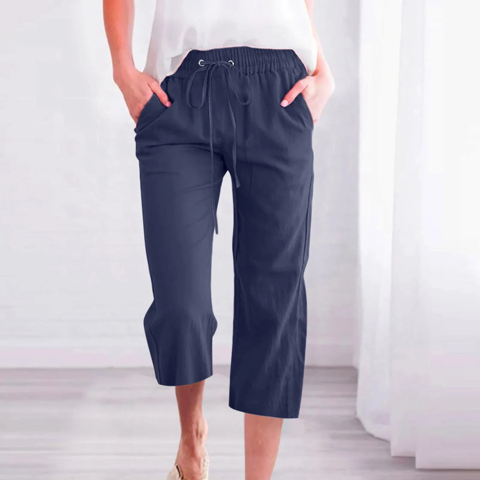 

Женские широкие брюки с высокой талией, эластичные брюки на шнуровке, удобные прямые длинные брюки-Капри с карманами, летние укороченные брюки