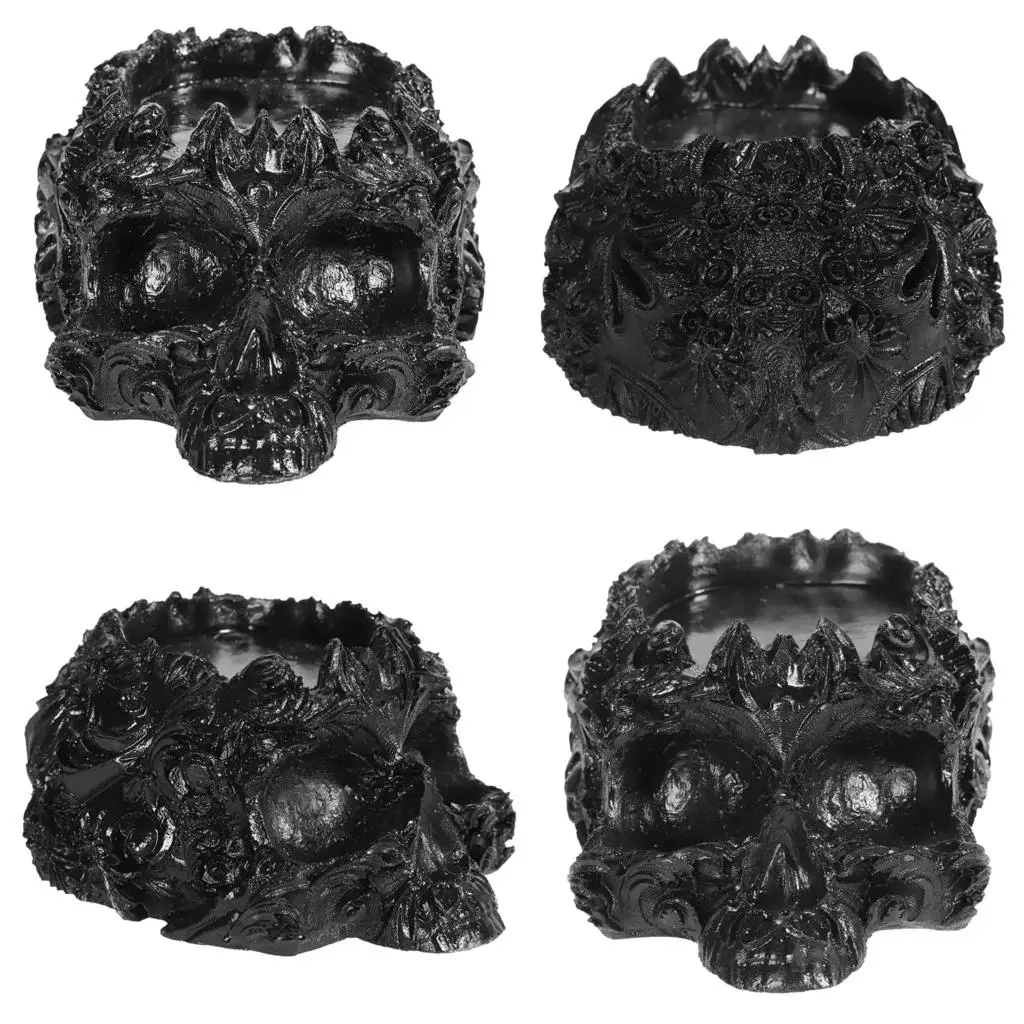 Gothic Style Engraved Skull Candlestick Drops Of Gum Resin Black Obsidian Candle Holder For Home Decor Desktop Ornaments