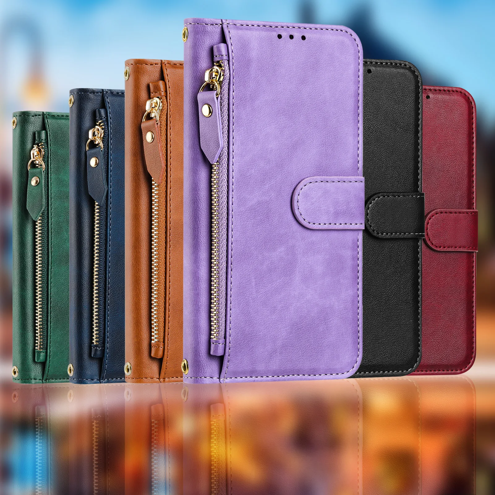 Leather Phone Wallet Case with Strap and Zipper - Flip Cover Design