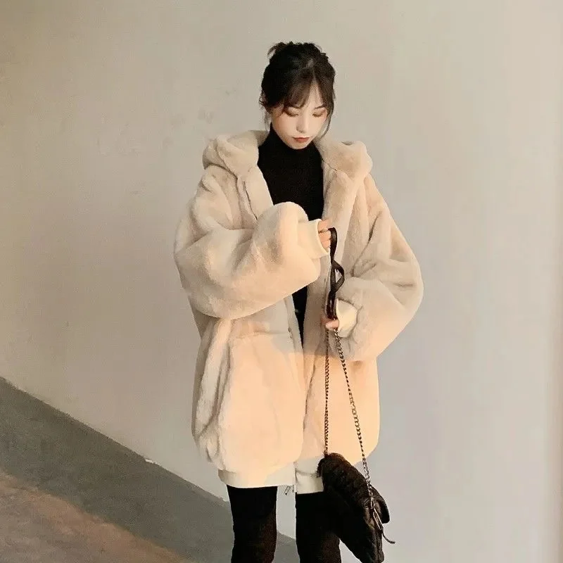 Lamb Wool Hooded Coat for Women 2023 Winter New Loose Versatile Loose Korean Version Lazy Style Plush Thickened Top Ins Fashion