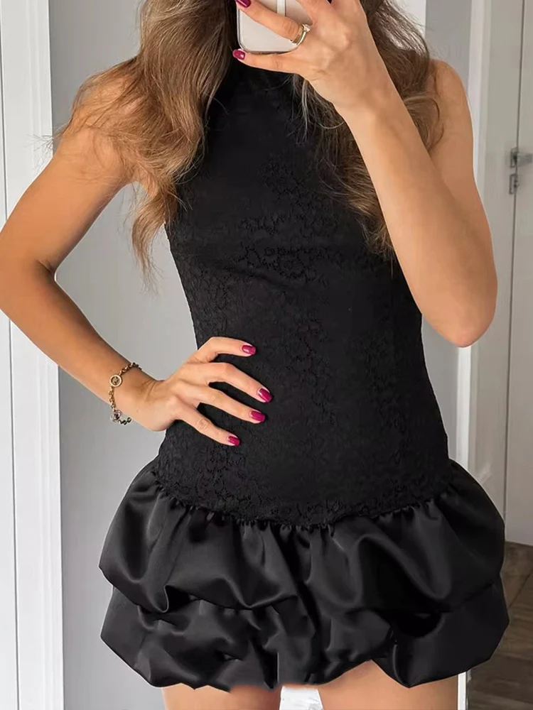 Women Fashion Splicing Lace Short Dress 2025 Summer New Street Sleeveless Ruched Mini Dress Elegant Holiday Party Dresses