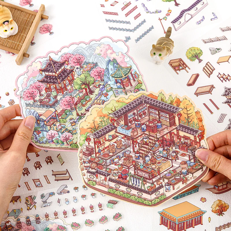 Kawaii 고대 건축3D 캐빈 장면 스티커 풍경 스티커 DIY 포켓 캐빈 장면 축제 휴일 선물