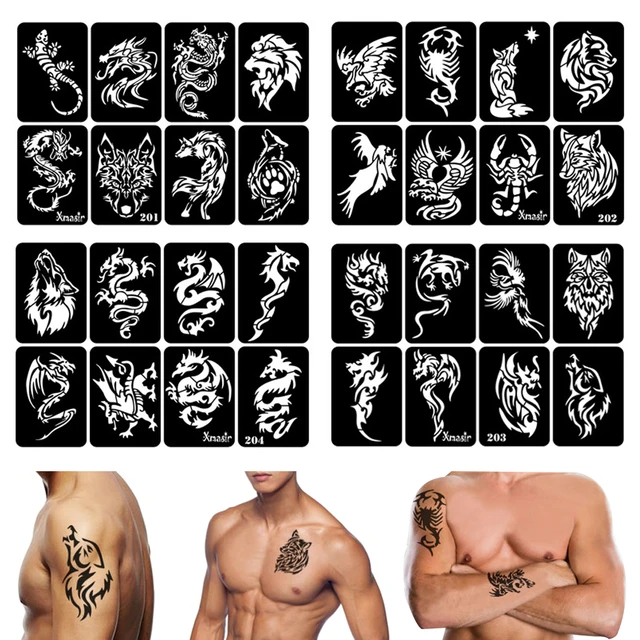 Plantilla de tatuaje de 1 hoja para hombre, arte corporal que muestra el  aerógrafo, plantillas de pintura, calcomanía, brazo de hombre, Lobo,  dragón, plantilla de tatuaje - AliExpress