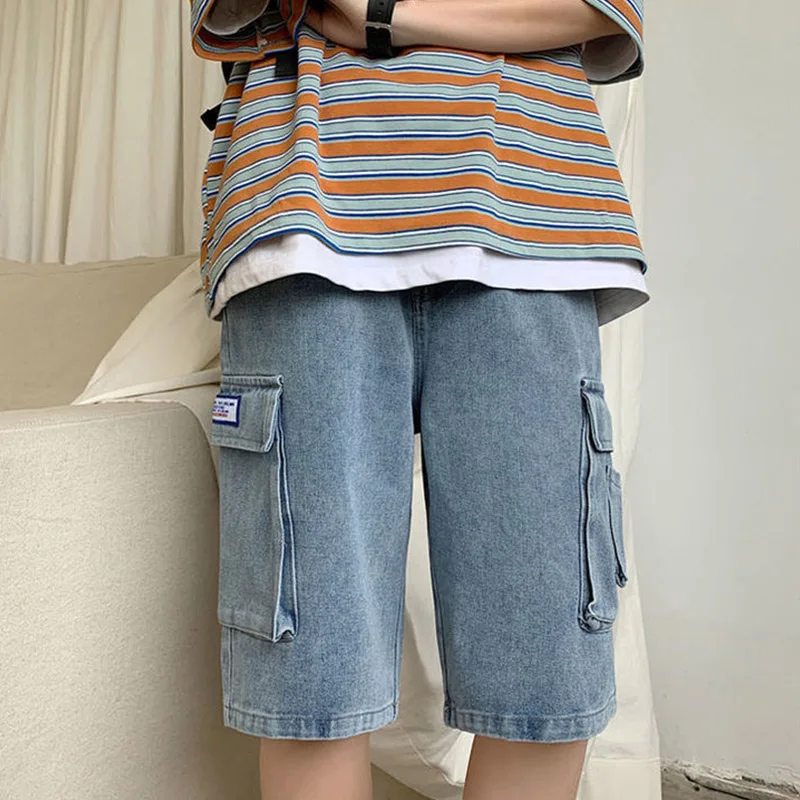 New Summer Retro Denim Shorts Korean Fashion Men's Travel Shopping High Quality Light Blue Business Youth Loose Shorts Large