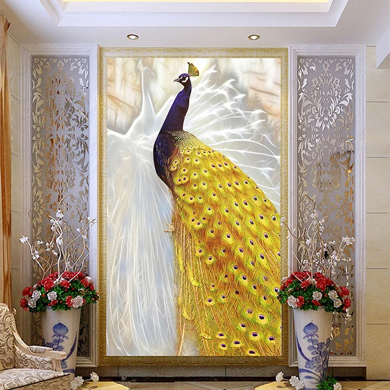

Custom Any Size 3D Photo Wallpaper White Yellow Peacock Living Room Entrance Background Wall Art Home Decor Wall Paper Mural