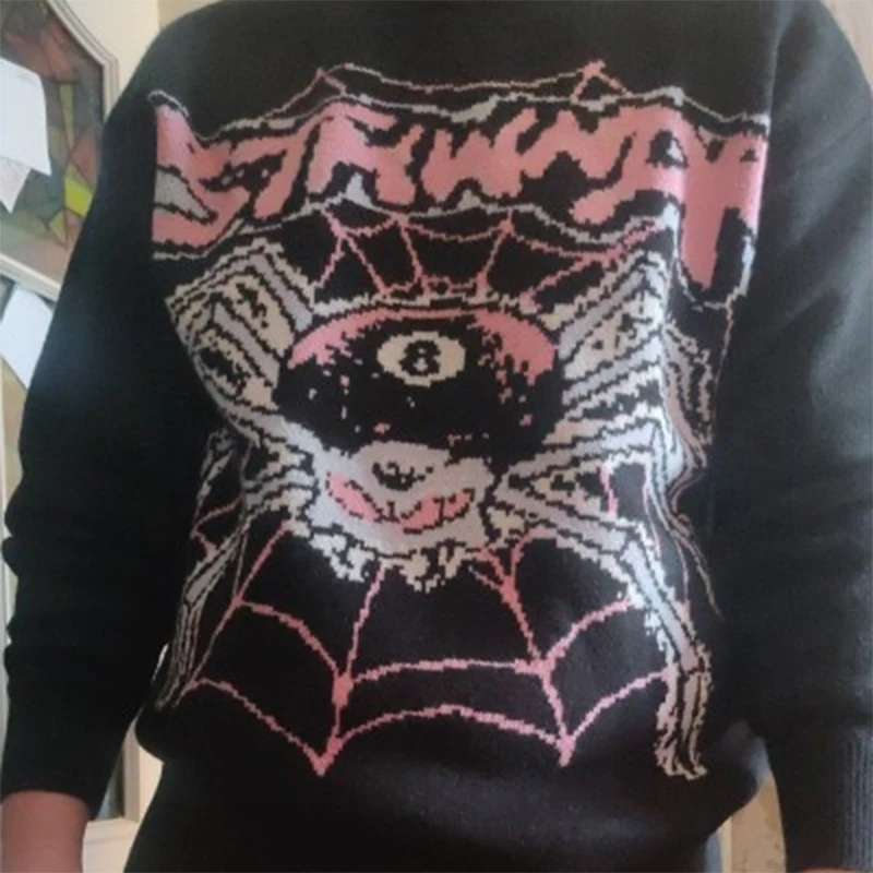 

Sweater Men Punk Letter Knitted Pullover Couple Casual Loose Retro Fashion Diablo High Street Style Streetwear Spider print
