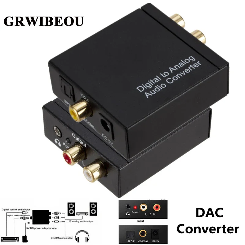 

GRWIBEOU DAC Digital to Analog Analogue Stereo Audio Converter Adapter Coax Coaxial Optical Toslink RCA R/L Optical to RCA3.5mm