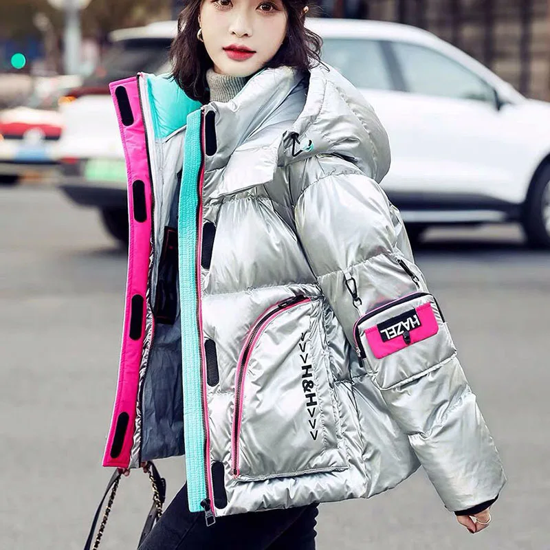 

New Female Bright Surface Wash-Free Down Jacket Winter Cold Warm White Duck Down Outerwear Casual Womens Short Hooded Parka Coat