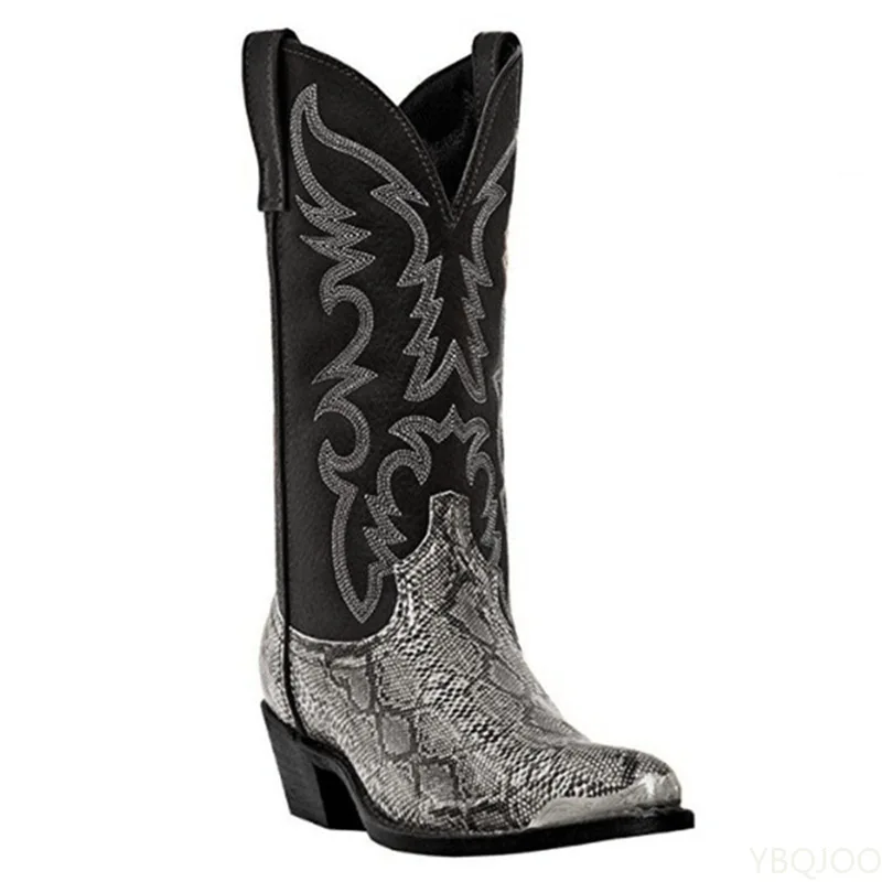 Autumn Winter New Men Boots High Heel Iron Head Embroidered Serpentine Western Cowboy Boots Men Pointed Toe Slip-On