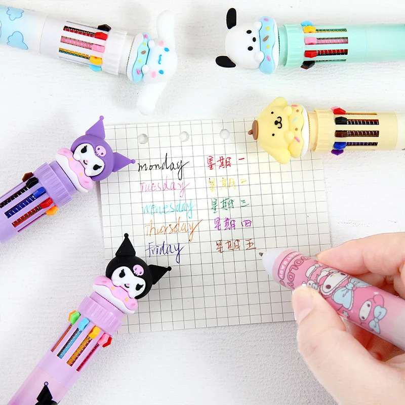 Ballpoint Pen Sanrio Press Ten Color Cartoon Kawaii Kuromi Multi-color Students Gel Pen Melody Sanrio Stationery Write Cute Pens