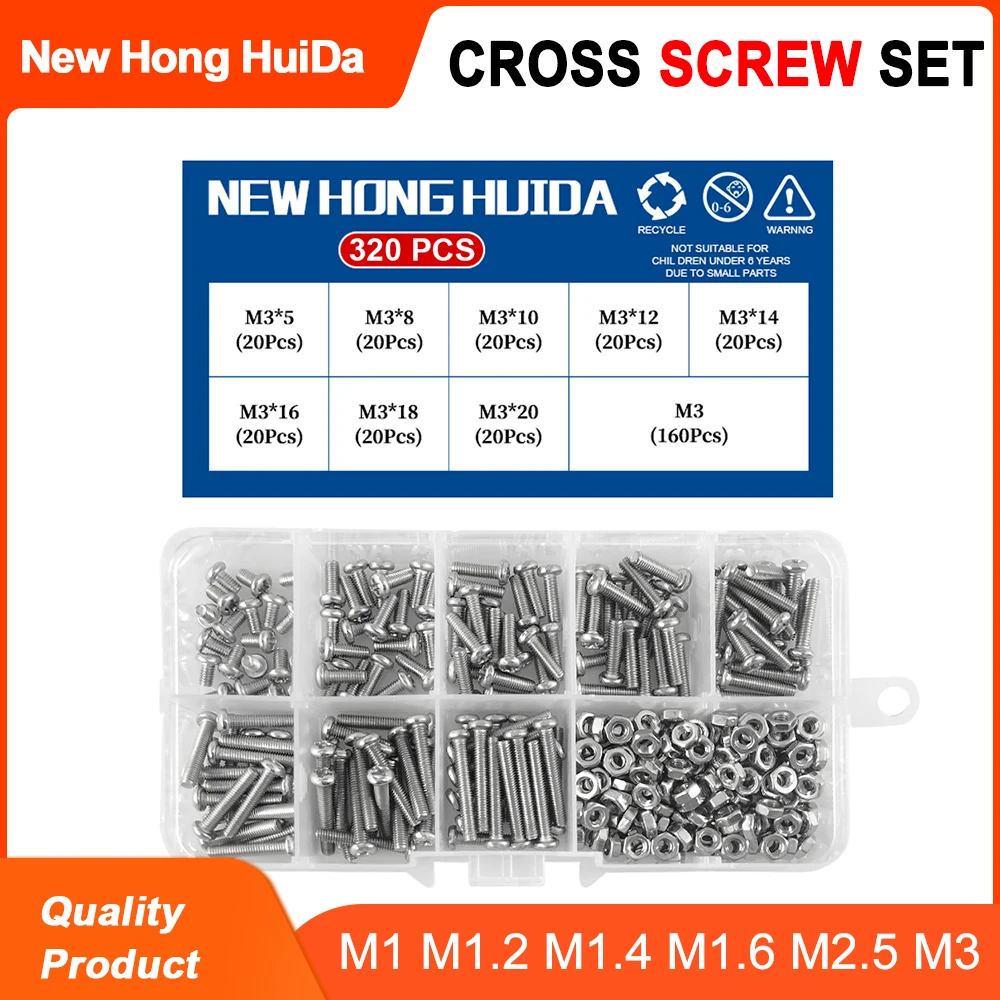 

M1 M1.2 M1.4 M1.6 M2.5 M3 Round Head Cross Screw Set of Boxes Metric Thread Machine Bolt Assortment Kit Set 304 Stainless Steel