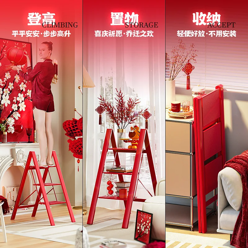 

Red Aluminum Alloy Folding Multi-Functional Ladder Home Folding Trestle Ladder Thickened Red Three-Step Ladder for Home