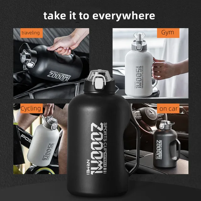 Bouteille d'eau 1.5/2L avec poignée et paille, bouteille Thermos en acier inoxydable, pichet d'eau Portable de grande capacité pour l'extérieur, pour le Sport et la salle de Sport 6