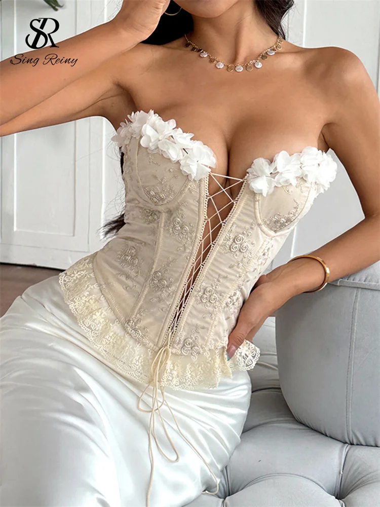 SINGREINY Korean 3D Flowers Spliced Lace Sexy Camis Ladies Backless Sheath Camis Fashion Women Lace Up Streetwear Slim Camisole 3