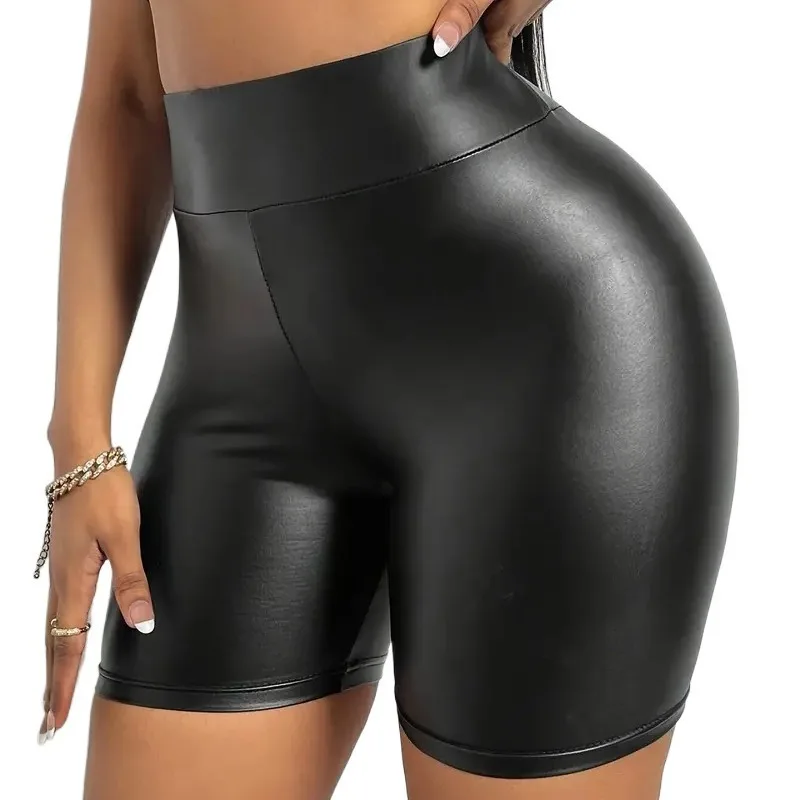 2024 Spring Summer New Women\'s Solid Color PU Leather Sheath Sexy High Waist Slim Shorts Pants Shorts