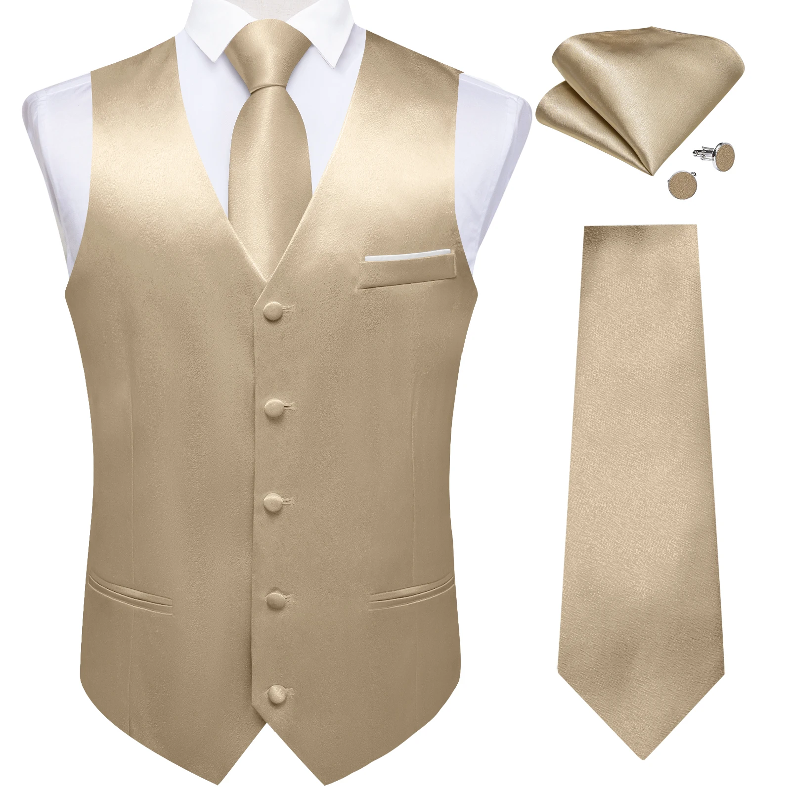 4Pcs Men's Champagne Satin Solid Suit Vest with 8cm Neck Tie Handkerchief Cufflinks for Wedding Prom Groom Waistcoat Clothing 3