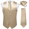 4Pcs Men's Champagne Satin Solid Suit Vest with 8cm Neck Tie Handkerchief Cufflinks for Wedding Prom Groom Waistcoat Clothing 3