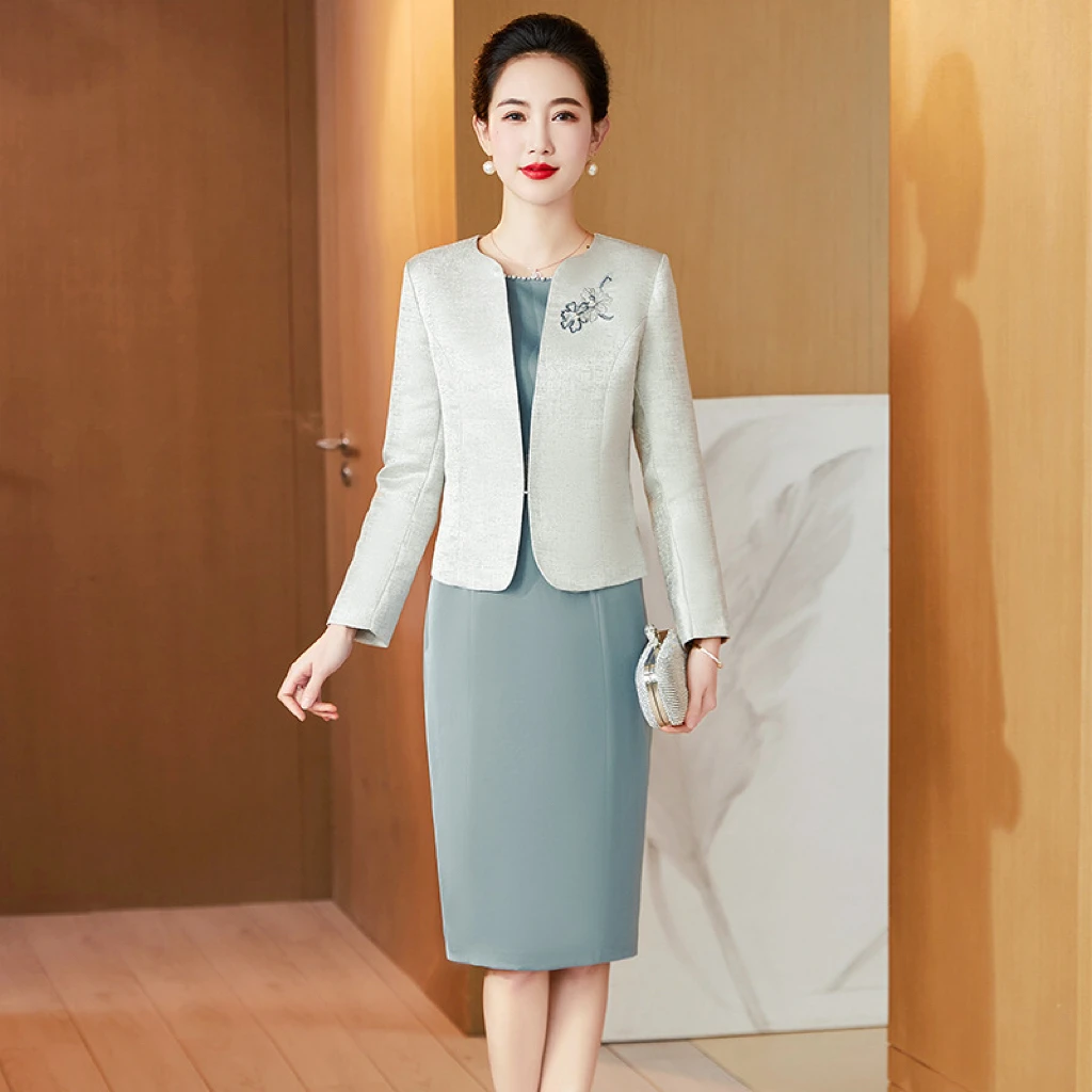 

Senior Mother Of The Bride Dress Sage With Jacket Knee Length Wedding Guest Cheongsam Female For Women Formal Evening Gowns