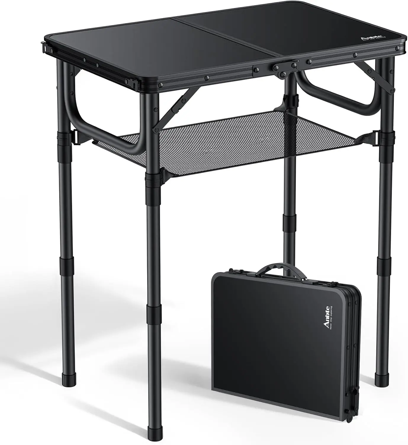Portable Folding Camping Table with Storage Net, Adjustable Height 9-27.5in, Lightweight Aluminum for Outdoor Picnic Travel