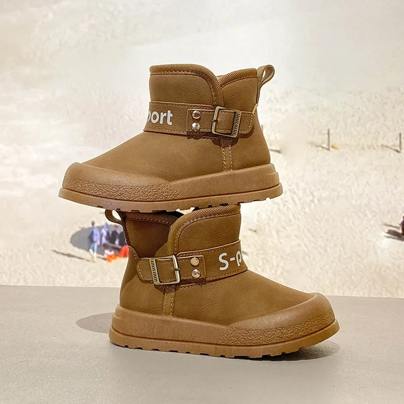 어린이 스노우 부츠 겨울 따뜻한 PU 가죽 패션 부츠 어린이를위한 캐주얼 코튼 신발 소년 소녀 발목 부츠 버클 스트랩