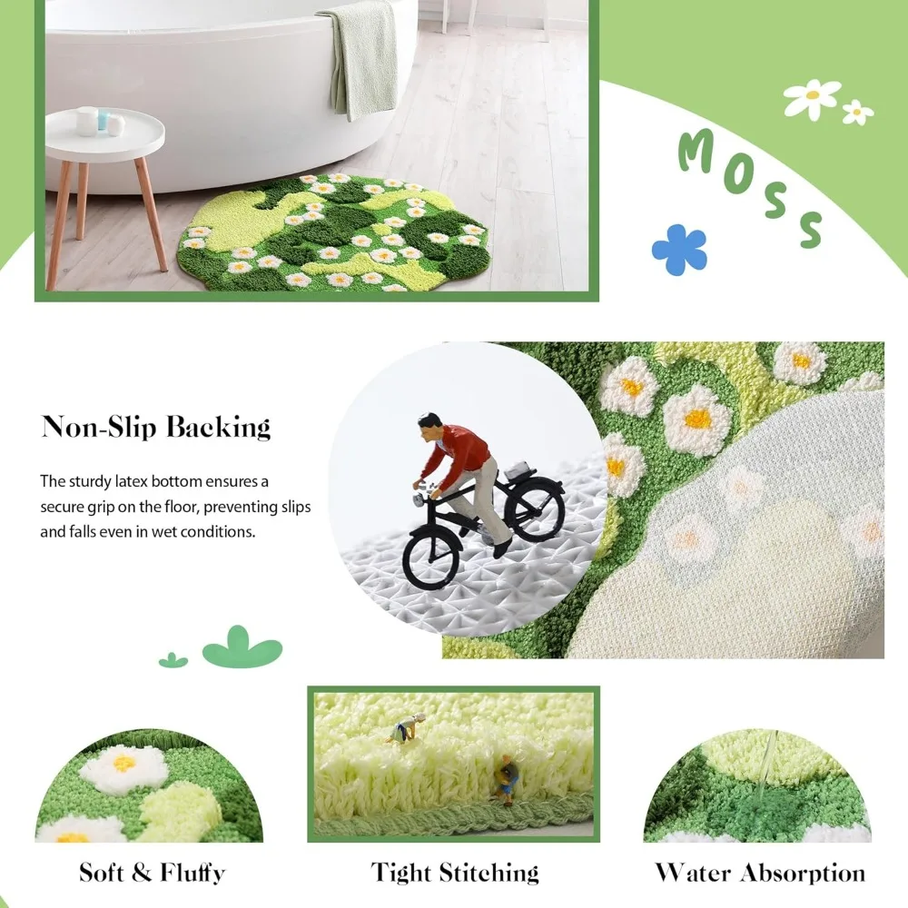 Moss Bath Mat Green Bathroom Rug with Small White Flowers Non Slip Door Mat for Bedroom and Kitchen Soft Washable Rug Floral Na