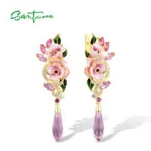  SANTUZZA Pure 925 Sterling Silver Drop Earrings For Women Sparkling Red Pink Stones White CZ Enamel Flower Fine Jewelry Handmade 