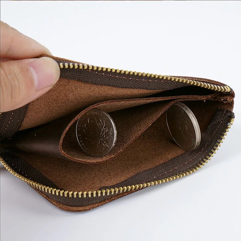 Simple Card Holder Handmade Leather Short Retro Crazy Horse Leather Zipper Wallet Top Layer Cowhide Wallet Card Holder