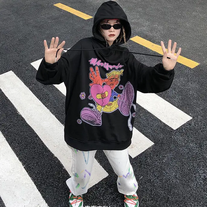 thumbnail image 1 of Sudadera con capucha estilo hip hop de estilo harajuku para mujer, estilo retro de gran tamaño, con estampado de letras cardioides, chaquetas de manga larga Y2K para otoño, 1 of 4