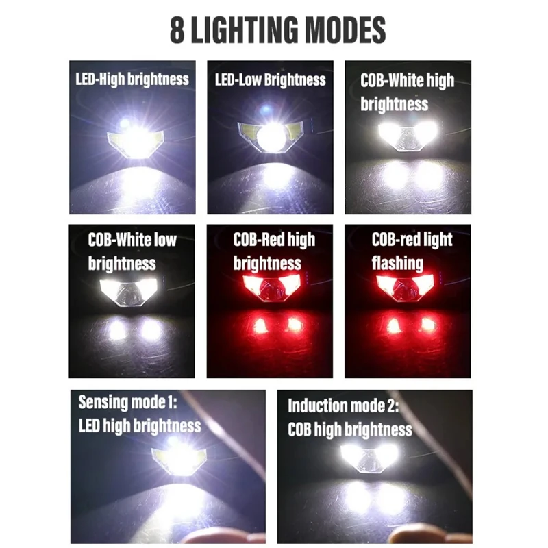 8 가지 모드 모션 센서 XPE + COB LED 전조등 손전등 USB 충전식 방수 캠핑 헤드 램프 러닝 낚시 헤드 라이트