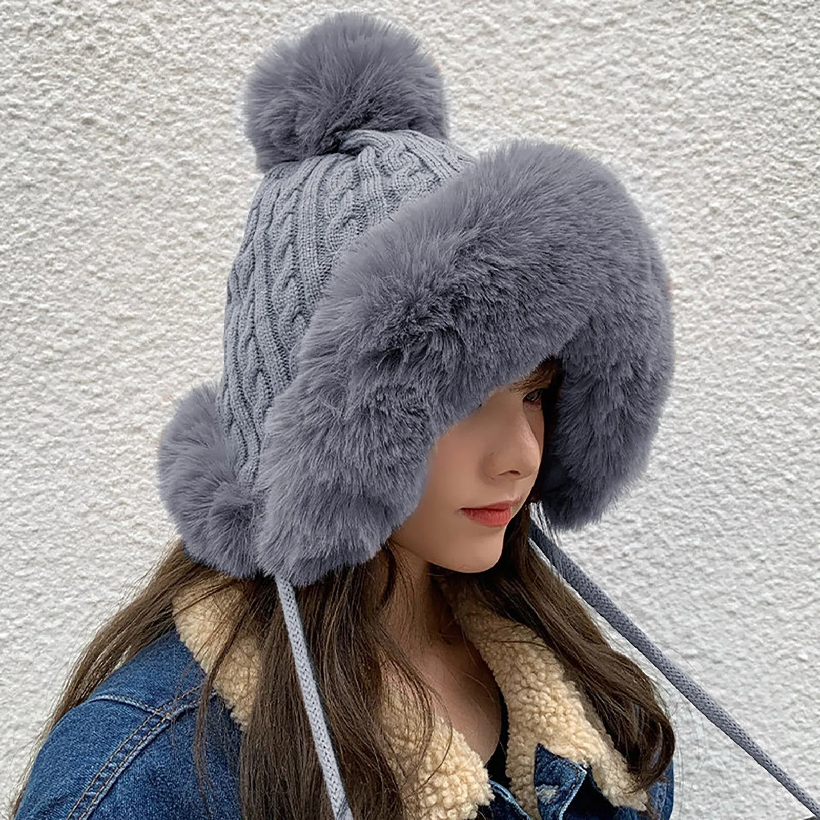 

Hair Ball Plush Pompom Thicken Hats For Women Girls Winter Warm Thicken Hats Earmuffs Outdoor Knit Ski Snowproof Soft Caps