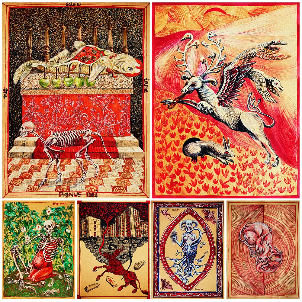 

Strange Animal And Skeleton Abstract Art Poster And Print Home Decor Mysterious Magic Tarot Card Wall Art Canvas Painting
