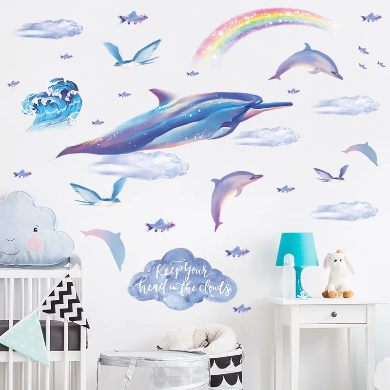 

Dolphin Galaxy Rainbow Wall stickers for Living room Kids Bedroom Decor Art Removable PVC Self-adhesive Wall Decal Poster Mural