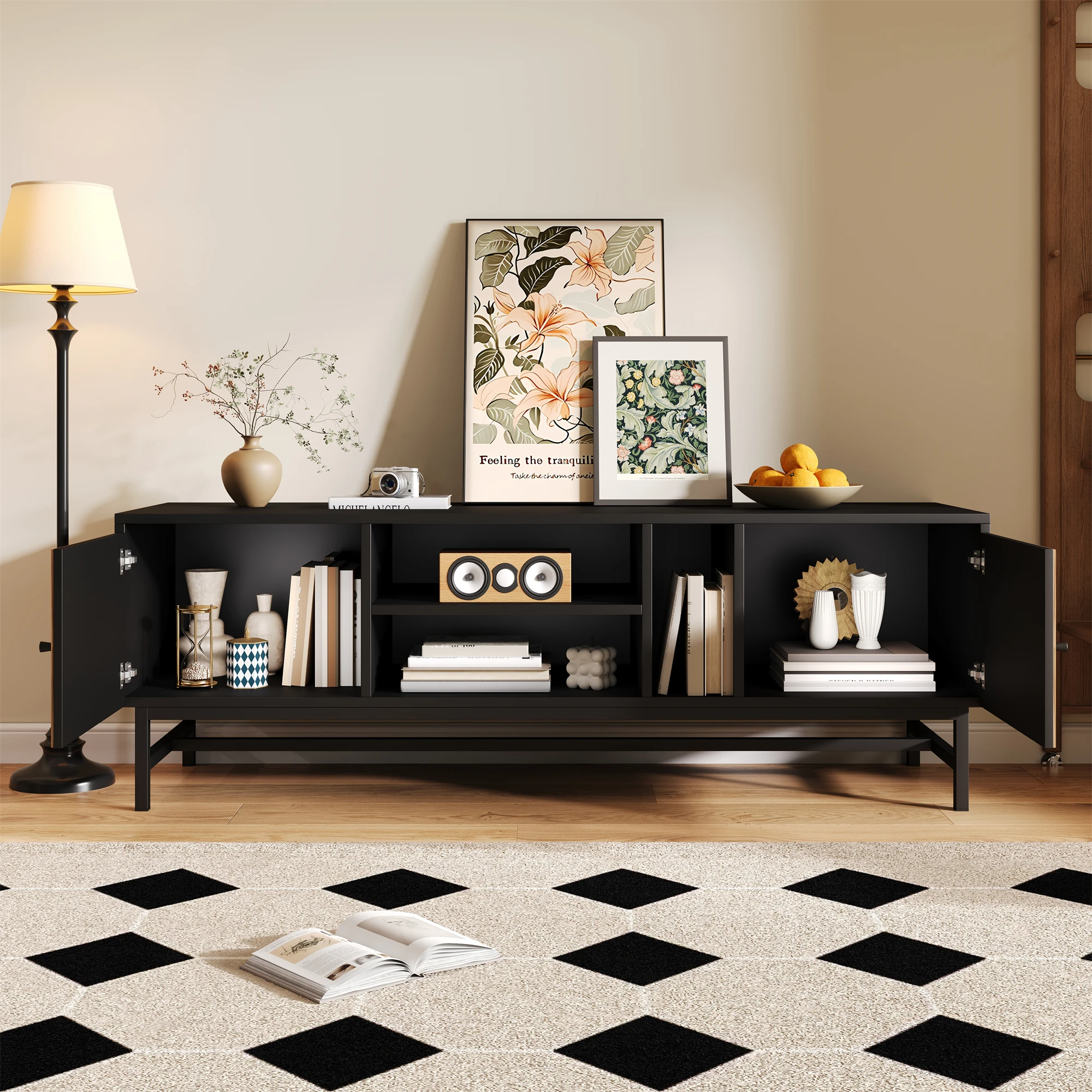 PINGGO TV-Schrank, schwarzes Holz, kontrastierend, vielseitige Aufbewahrung, modern, minimalistisch – Detail 10