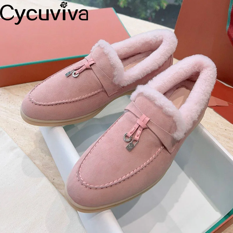 

2023 Pink Winter Wool Snow boots Women Flat Heel Fur Warm Winter Shoes brand Wool Loafers Shoes For Women