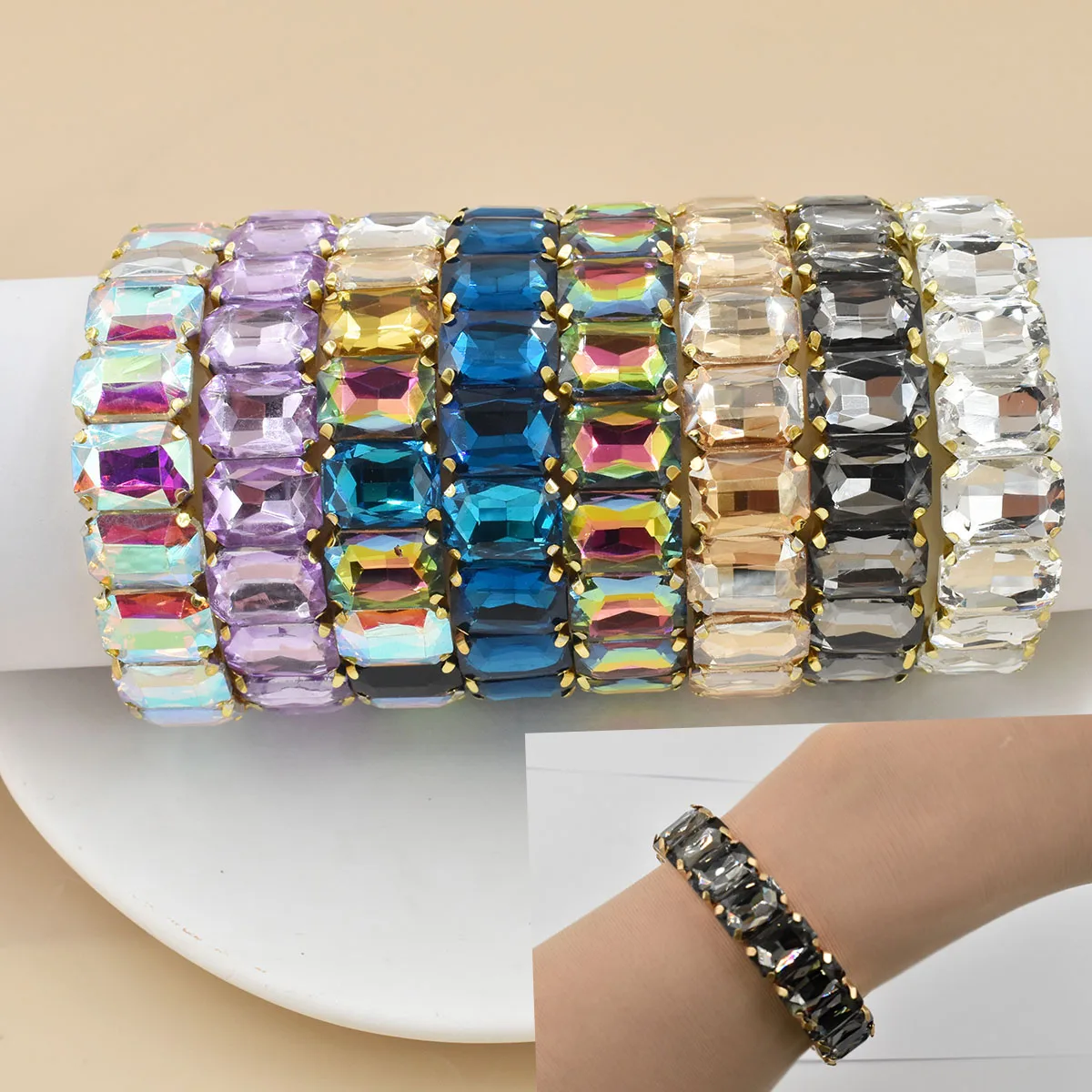 Colorful Geometric Crystal Square Elastic Bracelet – Boho Style