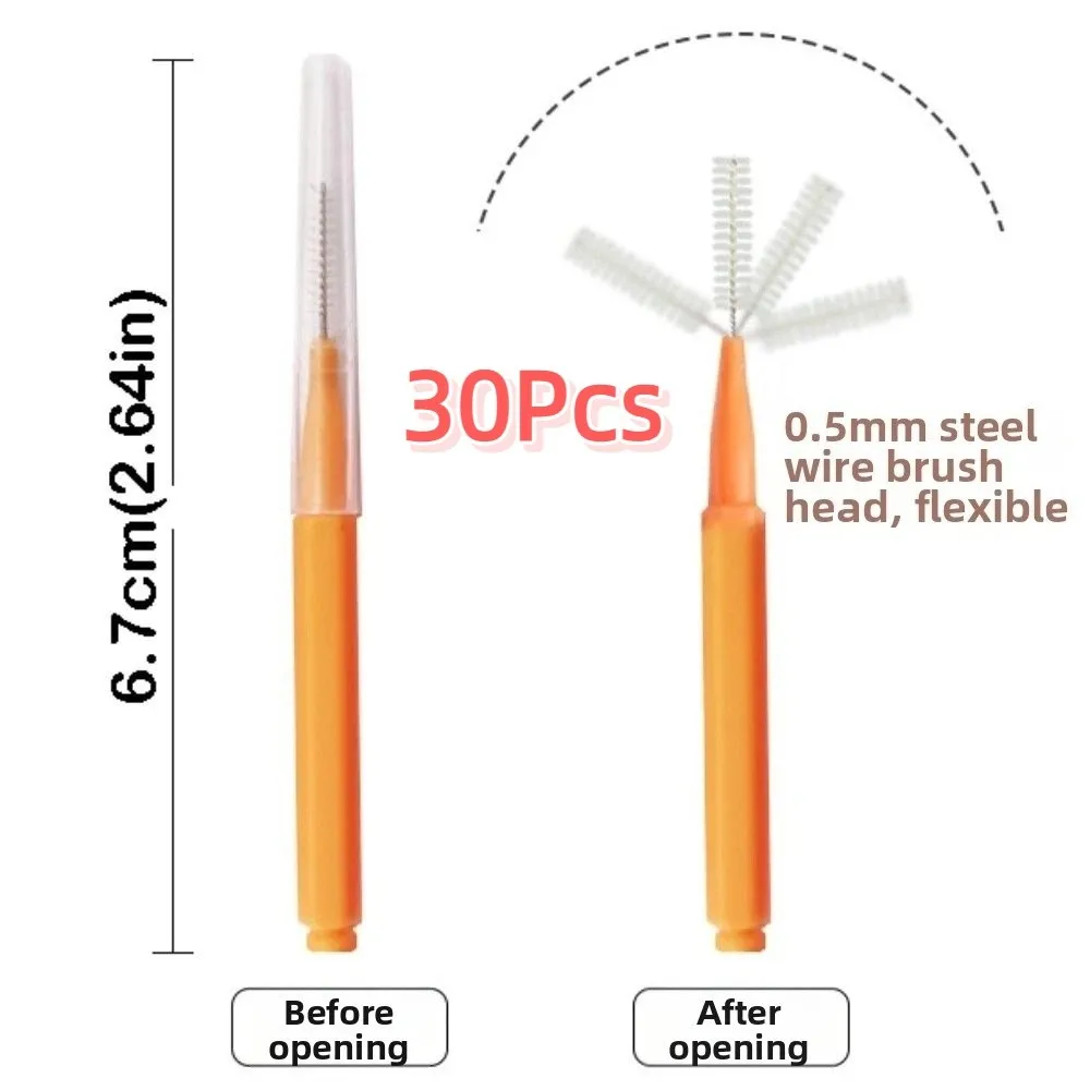 30개 일회용 교정기 브러시 부드럽고 구부릴 수 있는 치아 사이 브러시 효과적인 청소 사용하기 쉽습니다.