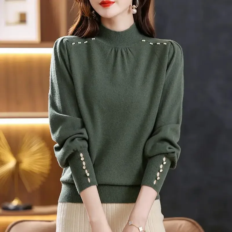 

Autumn Winter Half High Collar Elegant Fashion Solid Bottomed Sweater Female Casual All-match Knitting Jumper Top Women Pullover